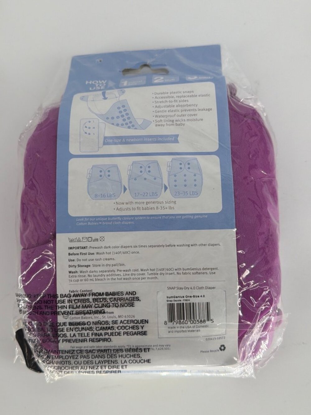 BumGenius Stay-Dry Cloth Diaper 4.0 One-Size New Purple - Picture 2 of 2